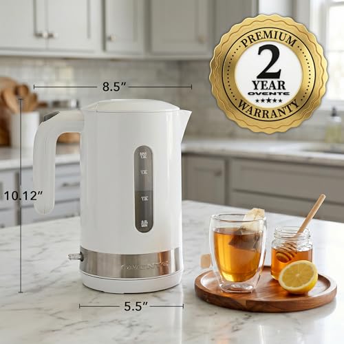 Image of OVENTE 1.8L Electric Kettle, BPA-Free with Easy-Fill Lid, White KP413W | 1500W Fast Boiling Water Heater, Auto Shut-Off, Boil-Dry Protection, 360 Swivel Base, Clear-View Window, Removable Filter