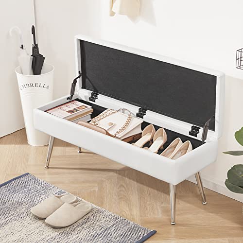 Gitrah Storage Bench Modern Entryway Bench End Of Bed Bench Ottoman Upholstered Pu Leather Bedroom Benches For Foot Of Bed Tufted Bench Footrest Stool With Metal Legs 40" White #TOP4