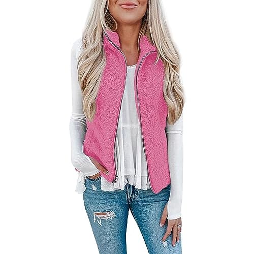 LOMON Womens Fuzzy Sherpa Fleece Jacket Lightweight Vest Cozy Sleeveless Cardigan Zipper Waistcoat Outerwear with Pocket S-hot Pink X-Large