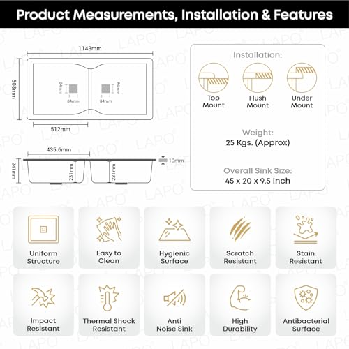Image of LAPO Quartz Basin for Kitchen | 45x20 Inch Double Bowl Connector Basin | UV Protected Sink with Pre-Drilled Tap Hole | Sink with Coupling, Hose Pipe & Drainer Basket | 3 Year Warranty (Black Metallic)