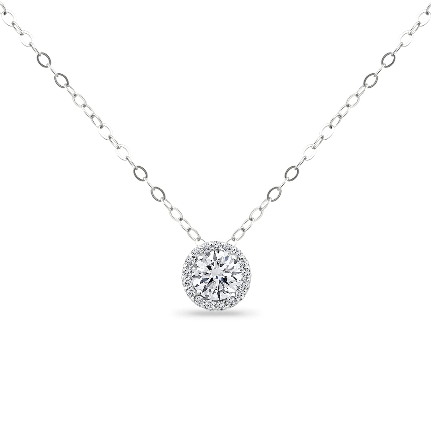 B. BRILLIANTSterling Silver 1.00 Carat Simulated Diamond CZ 6.5mm Round Halo Solitaire Necklace Bridal Jewelry for Women Bridesmaids, Metal, Cubic Zirconia