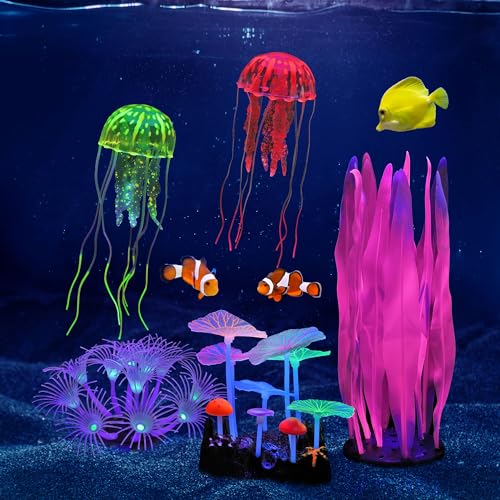 Image of Lpraer 5 Pack Glow Aquarium Decorations Kelp Coral Mushroom Sun Flower Jellyfish Simulation Glow Plant Glowing Effect Silicone for Fish Tank Decorations