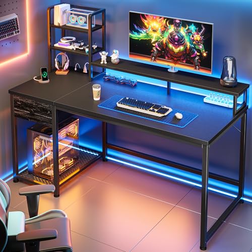 Image of 44 Inch Gaming Desk with Hutch and Drawers,Reversible Computer Desk with Monitor Shelf,Home Office Desks with USB Power Outlets and Storage,Pc Small Gaming Desk for Office with LED Lights,Black