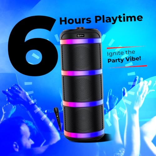 Image of pTron Fusion Theatre 60W Bluetooth Speaker w / 3m Wired Karaoke Mic, Punchy Sound, 5 EQs, Vivid RGB Lights, Party Speaker w / BTv5.2 /USB /SD Card Playback, TWS Mode & Type-C Charging (Midnight Black)