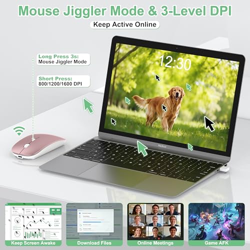 Image of Wireless Mouse for Laptop /MacBook Air /Pro & iPad, Mouse Jiggler Mode Bluetooth 5.2 /2.4G Rechargeable Silent Click 3-Level DPI Slim Portable USB-A&C Receiver (Mouse Jiggler Mode, Rose Gold)
