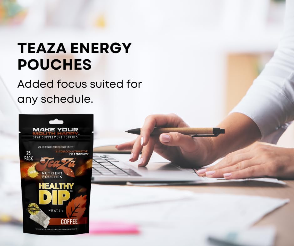 Image of Teaza Herbal Energy Pouches, Tobacco Alternative Nicotine Free, Smokeless Alternative Snuff and Healthy Dip, Tobacco Free Chew Premium Flavored | Coffee | 25 Pouch Pack