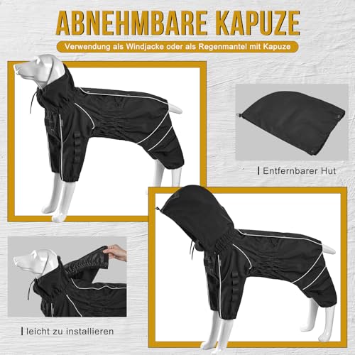 OneTigris Regenmantel Hund, RIDERSTORM Regenjacke wasserdichte Kältebeständig mit Abnehmbarer Kapuze Reflektierender Verstellbarer Hunderegenjacke Maschinenwaschbar Schwarz M