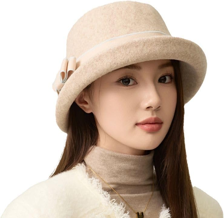 Women Vintage Felt Cloche Hats Winter Fall Solid Fedora Bucket Caps Elegant Bowler Hat Bowknot