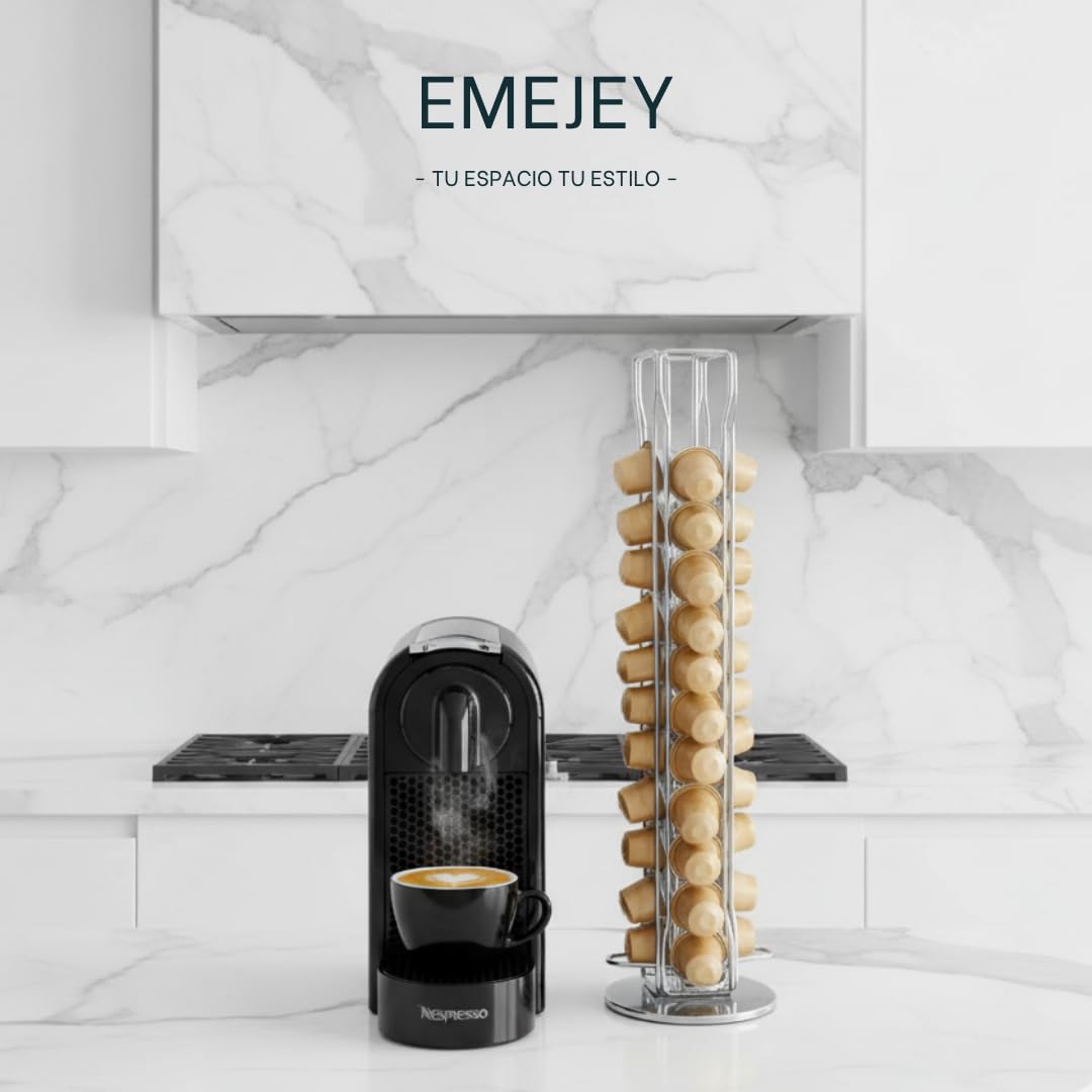 Soporte Cápsulas de Café Compatible con Nespresso - 40 Cápsulas - Giratorio 360º - Organizador de Cápsulas de Acero Cromado Inoxidable - Base Antideslizante | Incluye Lápiz Decorador