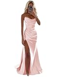 SOLODISH Satin Prom Dresses for Women Strapless Mermaid Cowl Neck Formal Evening Party Gown