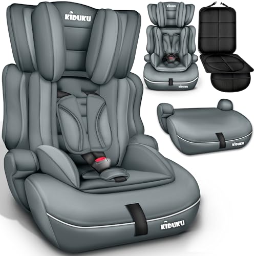 KIDUKU Seggiolino auto con coprisedile, cresce con il bambino, sedile, universale, approvato con la normativa ECE R129/03, 9-36 kg (1-12 anni), gruppo 1+2+3 (Grigio)