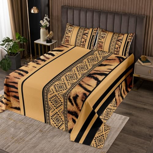 Tiger Fur Stripes Quilt Bedding Set Queen Size,Boho Tribal Aztec Exotic Geometric Bedspread Coverlet for Girls Teens,Tropical Wild Animal Skin Print Soft Polyester Quilt Set, All Season