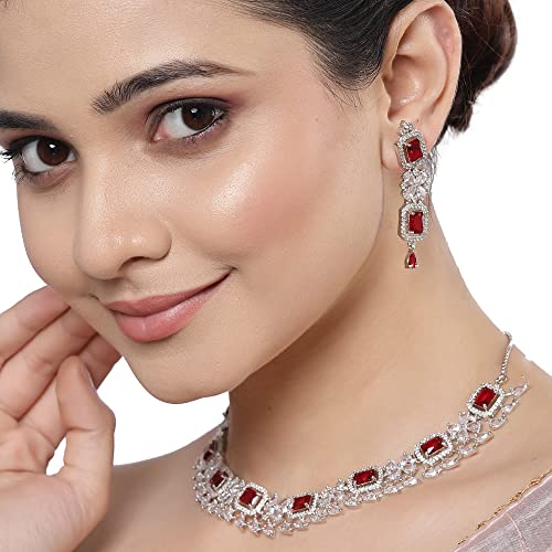 Rhodium-Plated American Diamond Necklace and Earrings Set
