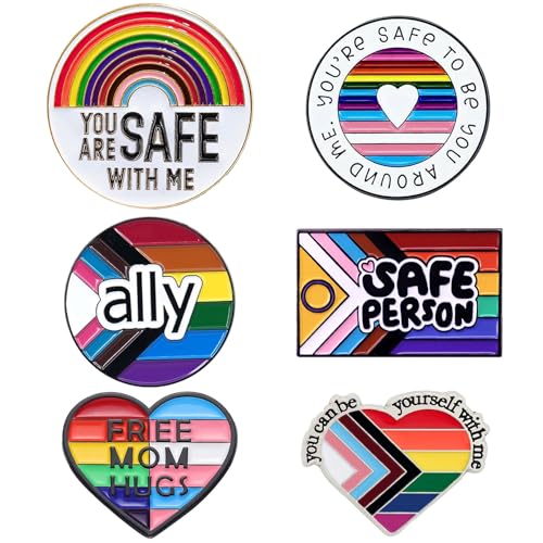Pride Pins 6PCS You Are Safe with Me Pin Set LGBT Rainbow Gay Lesbian Trans Ally Pins Flag Heart Shape Pin Jewelry Pack for Clothes Shirts Ties Suit Lapels Jackets Backpack Bag LGBTQ Accessories