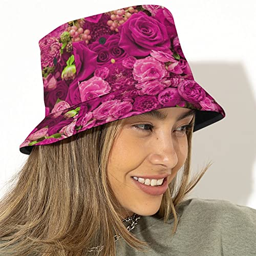 Rose Bucket Hat,Flower Pattern Sun Hat For Summer Travel Beach Packable Casual Cap For Women Men Unisex #TOP2