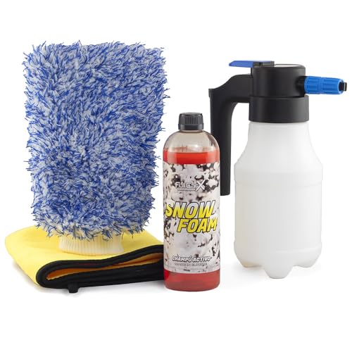 FULLCARX Kit Champú con Pulverizador a Presión Automático Eléctrico Batería, Manopla y Toalla, Detergente Espuma Activa ...