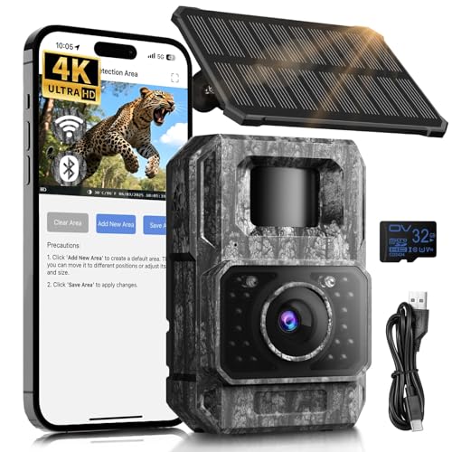 MAXDONE Trail Camera,4K 64MP, Solar Game Camera with 6000mAh Battery, Trail Cameras with Night Vision Motion Activated Waterproof IP66, 130°Wide-Angle for Critter, Outdoor, Scouting or Home Security