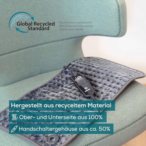 Beurer HK 123 Heizkissen, Made in Europe, Ober- und Unterseite aus 100% recyceltem Material, kuschelig weich, 60 x 30 cm, 6 Temperaturstufen und Abschaltautomatik, maschinenwaschbar, grau