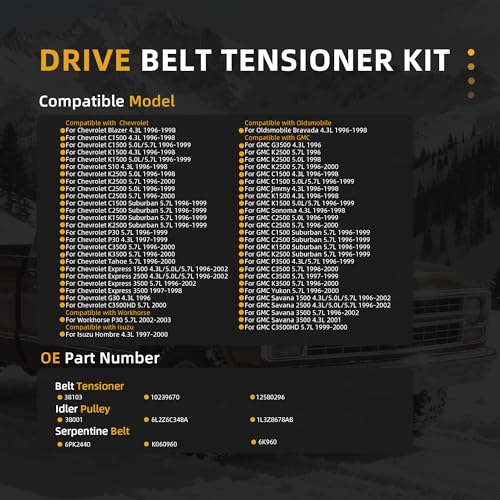 Image of Belt Tensioner Serpentine Belt Idler Pulley Kit for Chevy C1500 C2500 C3500 K1500 K2500 K3500, for GMC C1500 K2500, for Isuzu Hombre, for Oldsmobile Bravada 4.3 /5.0 /5.7L 96-03 38001