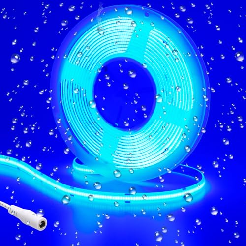 GOMING 24V 5M COB Striscia LED Blu Impermeabile IP65 Alta Densità 480LED/M Senza Punti Luce Alta Luminosità Flessibile Luci LED per Soggiorno Natale Bar Giardini Corridoi Cortili(Senza Alimentazione)