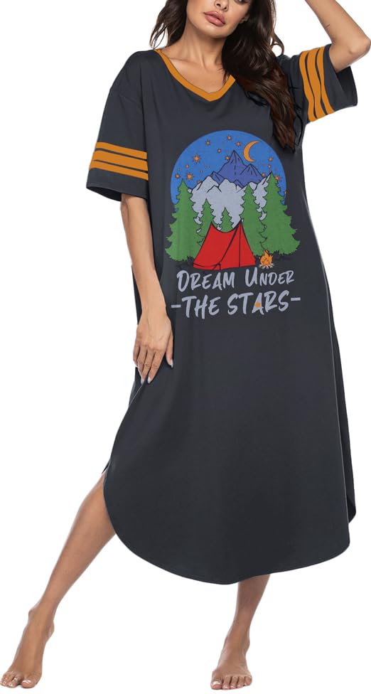 Image of Ekouaer Long Nightgown, Womens V Neck Loungewear Oversized Sleepwear Loose Sleep Dress S-4XL