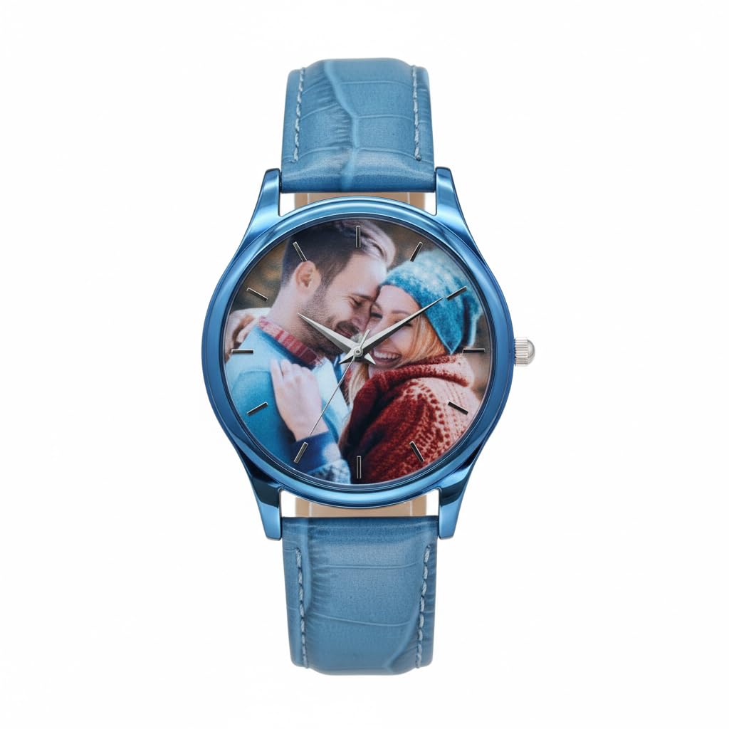Orologio fotografico personalizzato, il retro del quadrante può essere inciso con parole. Realizzato in lega e cinturino in pelle. Resistente all'acqua. Adatto come regalo per papà, fidanzato o come