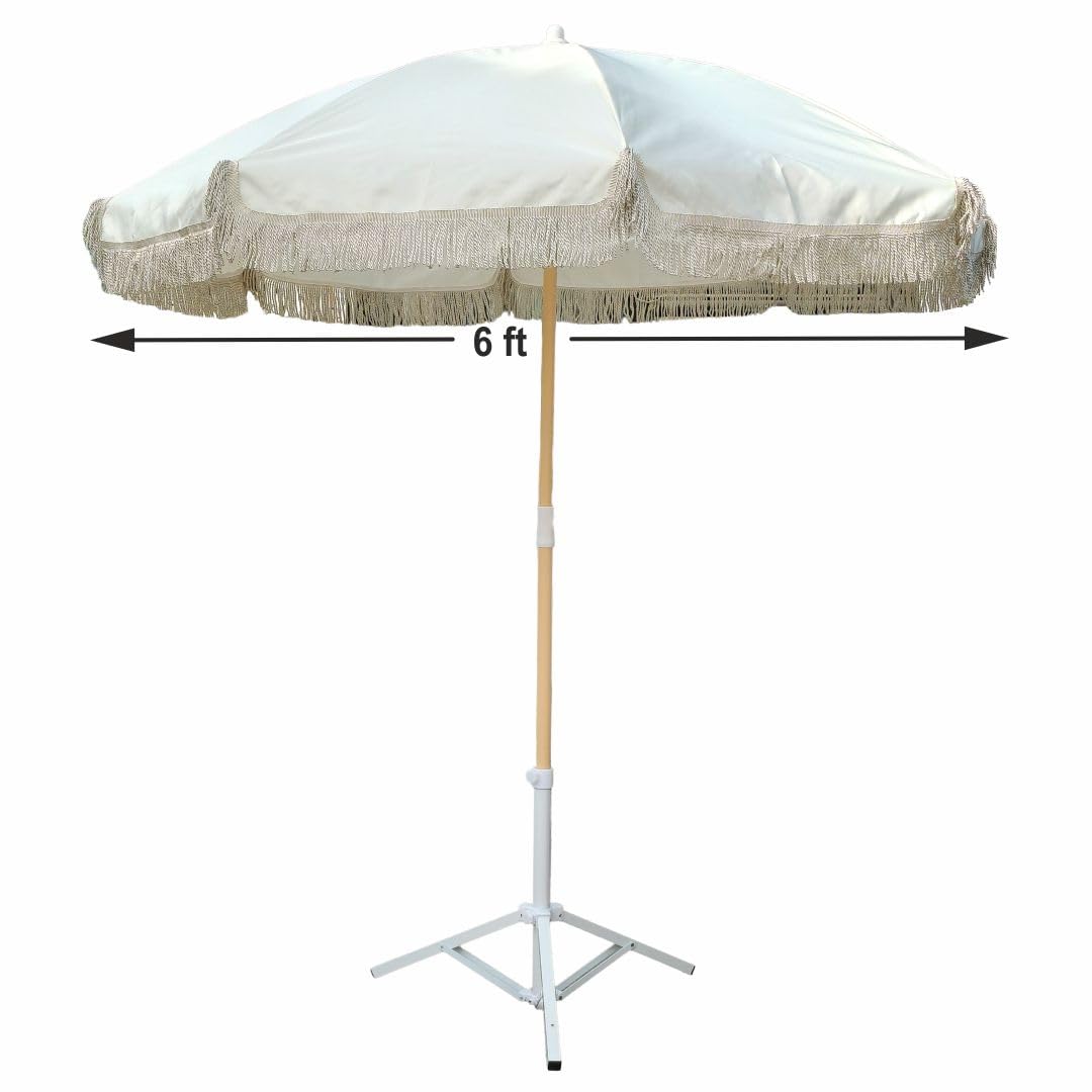 7 star DECOR Beach Umbrella with Fringe, Multi Color Striped, 6 ft Canopy, UV Protection, Wind Vent, Tiltable, Adjustable Stand (White)