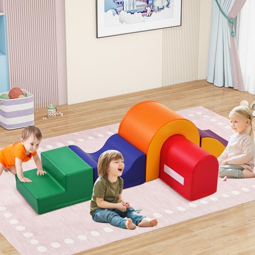 Bloc Mousse Motricité Bébé 5-en-1 – Grand Bloc de Construction Souple pour Enfants, Jeux Montessori, Équipement d’Escalade et de Rampe, Bloc Motricité...