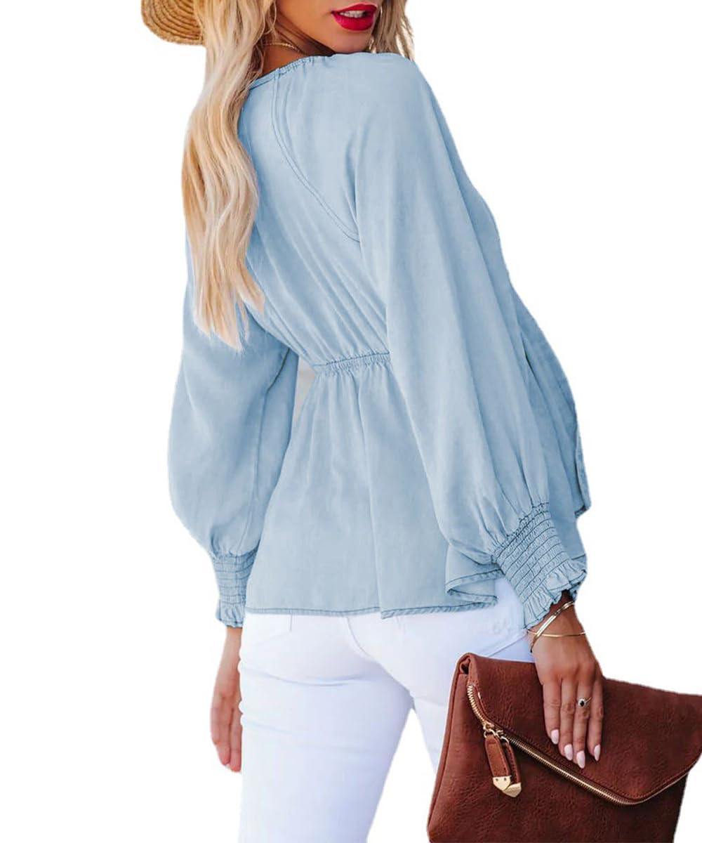 Camisas de Mezclilla para Las Mujeres de Moda Manga Larga Profunda Cuello en V Lavado Encaje Chambray Blusa suéter Tops