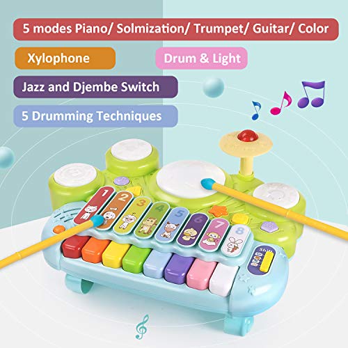 GrowthPic Music Toys Piano Keyboard Xylophone Drum, 3 in 1 Electronic Instrument Learning Baby Toy Xylophone for Kids Musical Table w/ Lights, Boys Girls Toddler 1 2 3 Yr Old Xmas Birthday Gift