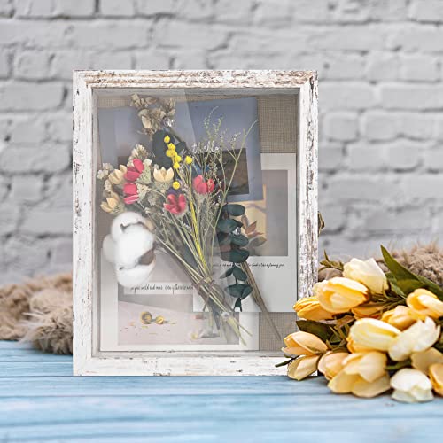 Image of GraduationMall 8x10 Wood Shadow Box Frame Glass Door Display Case with Linen Back and 6 Stick Pins,1.5 inches Interior Depth,Ideal for Memorabilia Pictures Flowers Medals Tickets Rustic White