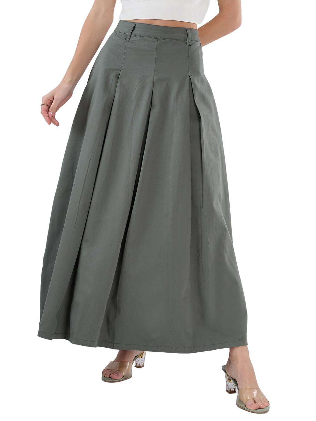 globus Women Teal High Rise Pleated Flared Maxi Skirt with Belt Loops-picture-29