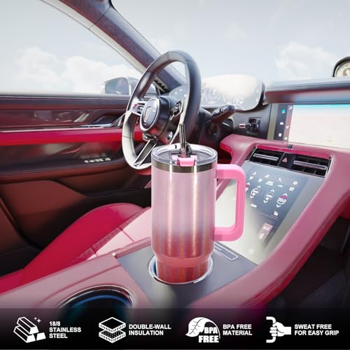 Image of 40 oz Shiny Tumbler with Handle and Straw,Stainless Steel Tumbler with Lid and Straw,Insulated Travel Mug(Cold for 34 Hours),Water Bottle for Iced Tea,Coffee (Red)