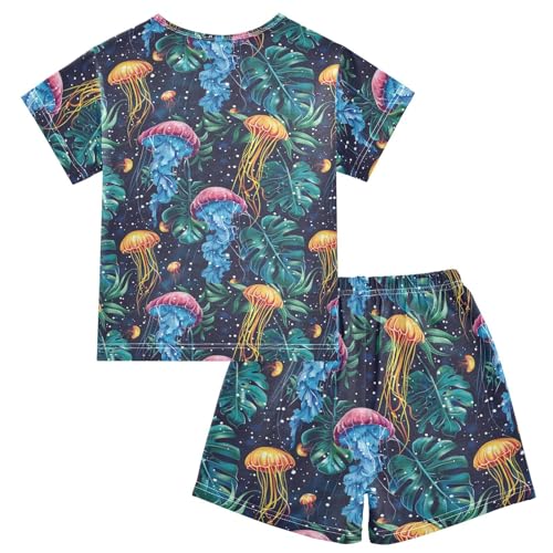 ALAZA Jellyfish and Tropical Leaves on Space Pajama Set Short Sleeve Sleepwear Soft Lounge Nightwear2
