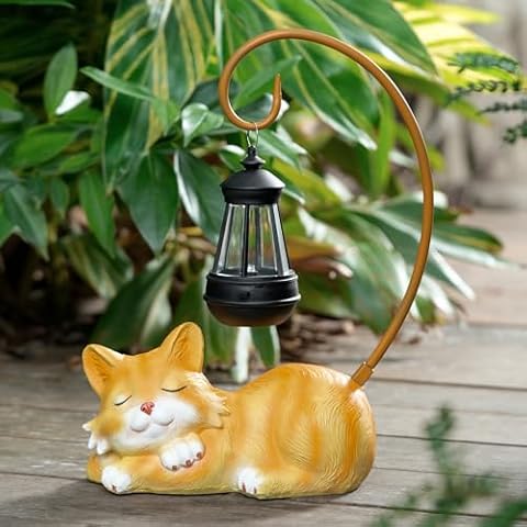 WSgift Outdoor Cat Figurine Garden Statue with Solar-Powered LED Light 13.77 Inches Tall Gift Garden Statue Decor for Cat Lovers Yellow Cover