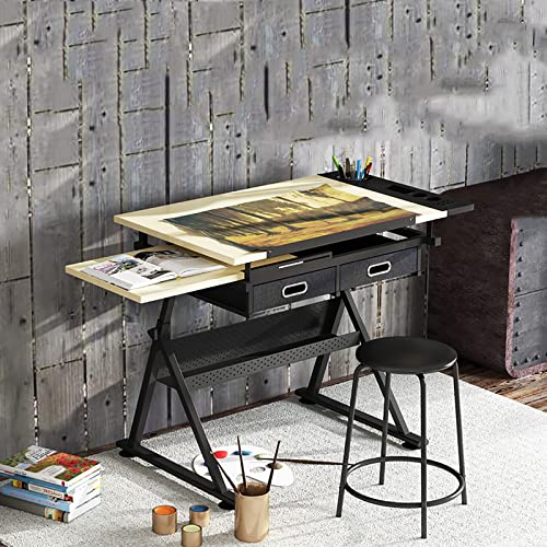 Angle Adjustable Drawing Table/Tiltable Tabletop Craft Station Drafting Table/Craft Workstation with Stool and 2 Storage Drawers