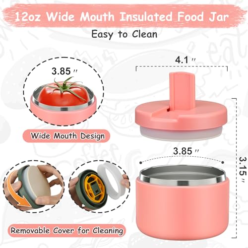 12oz Insulated Vacuum Food Jar with Buckle Lid Wide Mouth Soup Thermo for Hot Food Kids Leakproof Stainless Steel Lunch Container- Pink- 1Pack