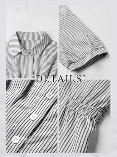 Women Pleated Peplum Blouse 3/4 Sleeve Button Down Cinched Waist Shirt Fitted Flattering Office Daytime Top
