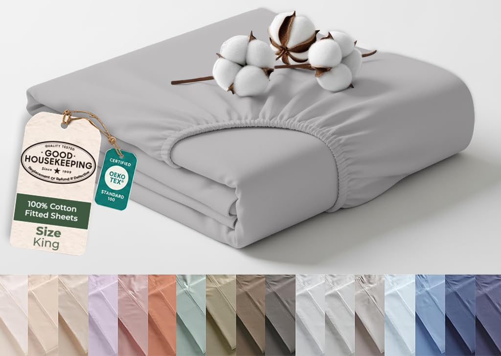 Royale Linens 100% Organic Cotton King Fitted Sheet Only - Percale Weave - Super Soft Deep Pocket Bottom Sheets - Silver Elastic Sheet - King Size Fitted Sheets Only - (78"x80"+15", Silver)