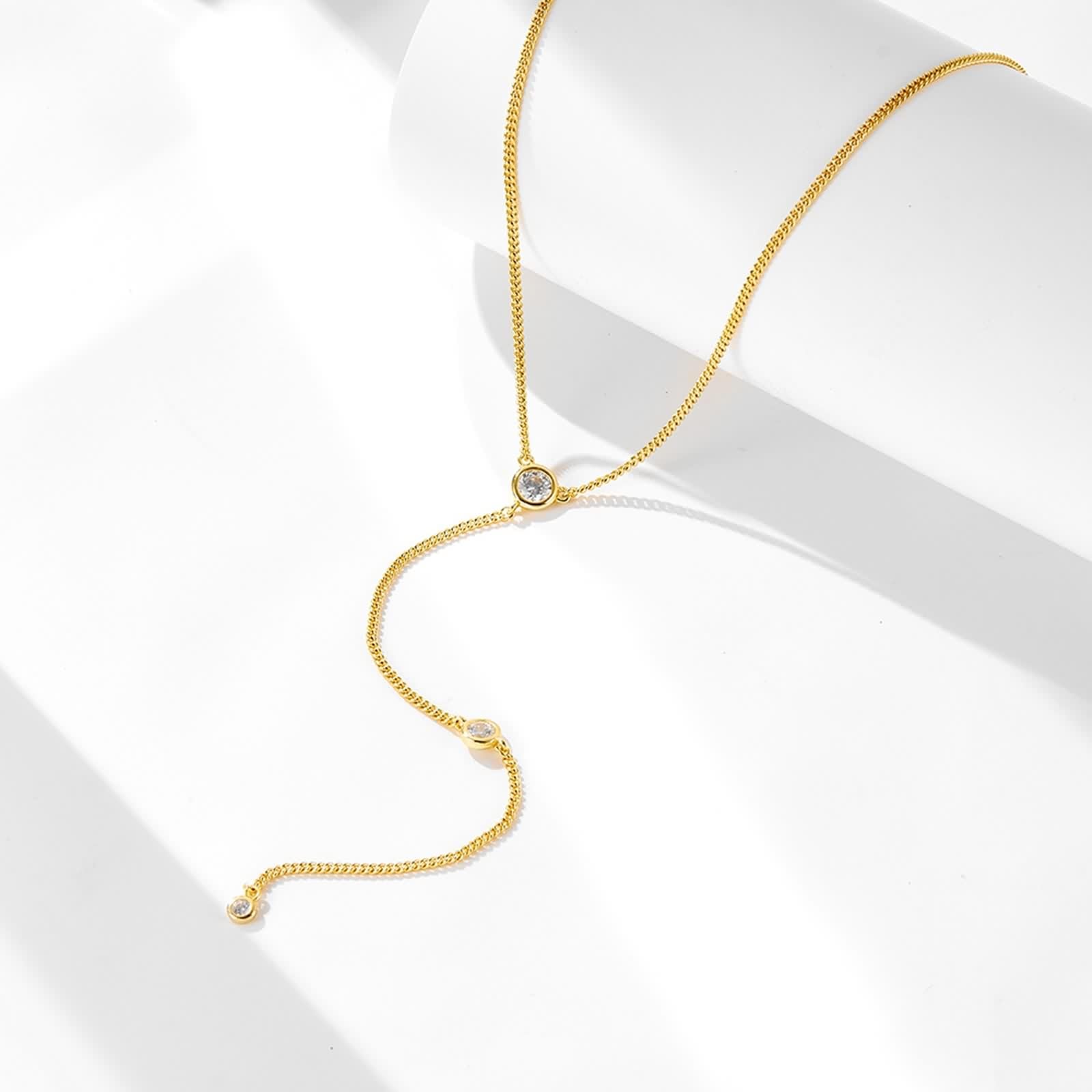 Halskette Gold Damen, Halskette Lang Elegant Weiß Im Labor Hergestellter Diamant Anhänger Kette Echtschmuck 9K/14K/18K Gelbgold Y-Halskette