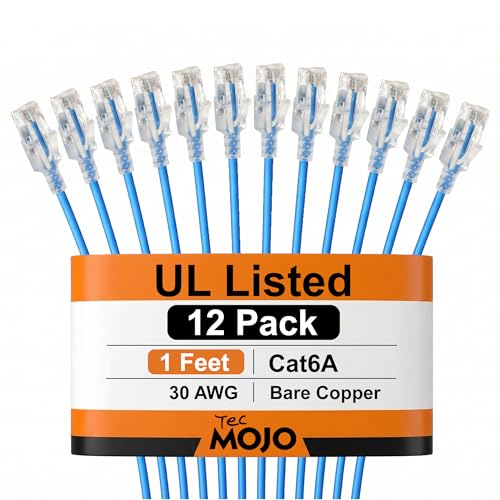 Tecmojo Ultra Slim Cat6A 1FT Ethernet Cable, 30AWG, 12-Pack, Blue