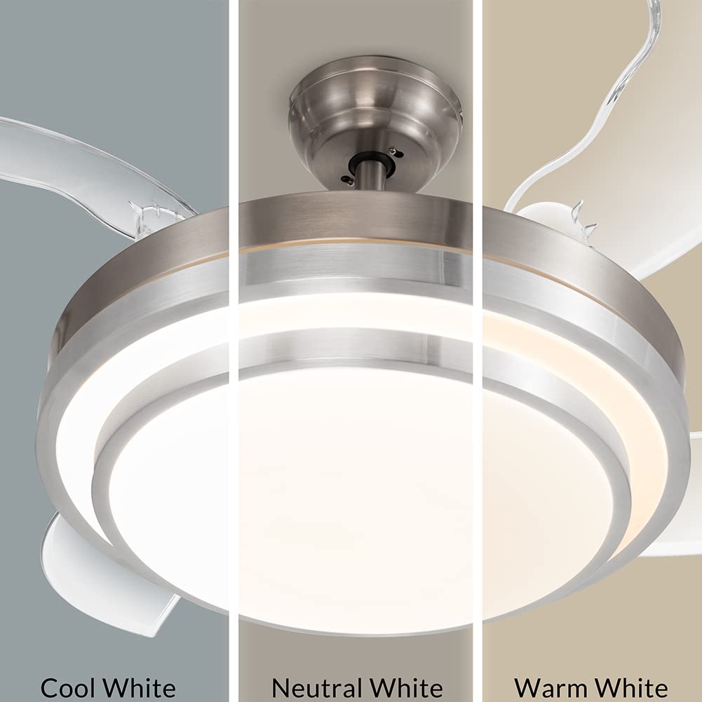BAKAJI Ventilatore Lampadario da Soffitto 4 Pale richiudibili a scomparsa in ABS, Diametro 106 cm, Lampada LED Plafoniera Acciaio 36W, 3 Velocità Selezionabili, con Timer,Cambio Colore e Telecomando