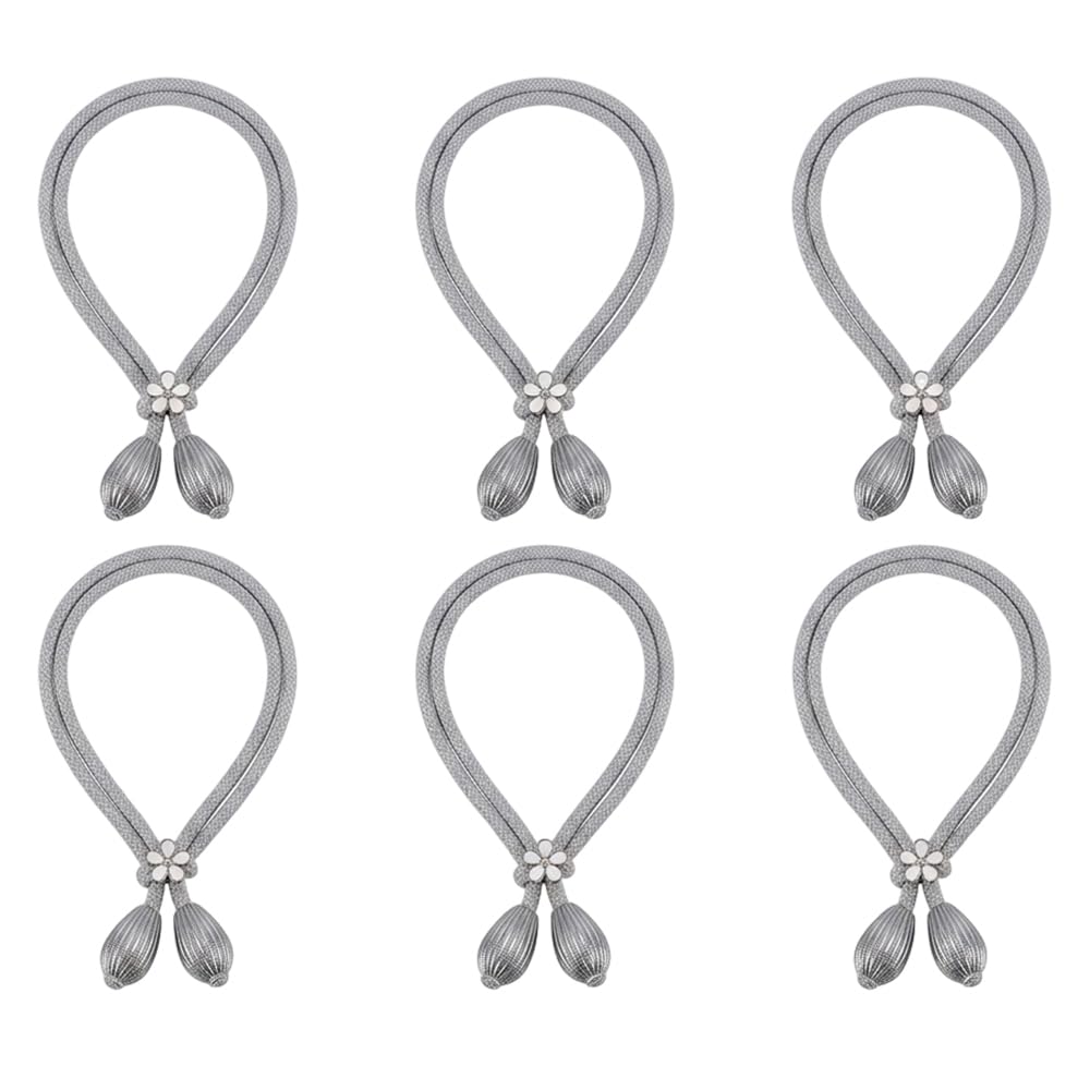 6 Pcs Adjustable Curtain Tiebacks, Silver Grey Braided Rope Curtain Holdbacks with Elegant Teardrop Ends & Flower Slider, No Drill Decorative Drape Ties for Living Room, Bedroom & Office (Silver-gray)