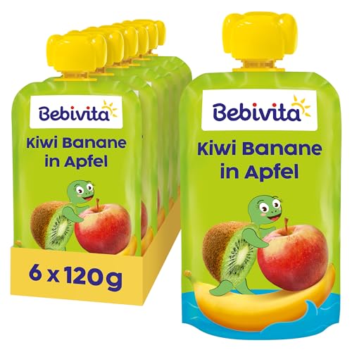 Bebivita Kiwi Banane in Apfel Quetschie (6 x 120g) ohne Zuckerzusatz glutenfrei ideal für unterwegs und selbständiges Snacken