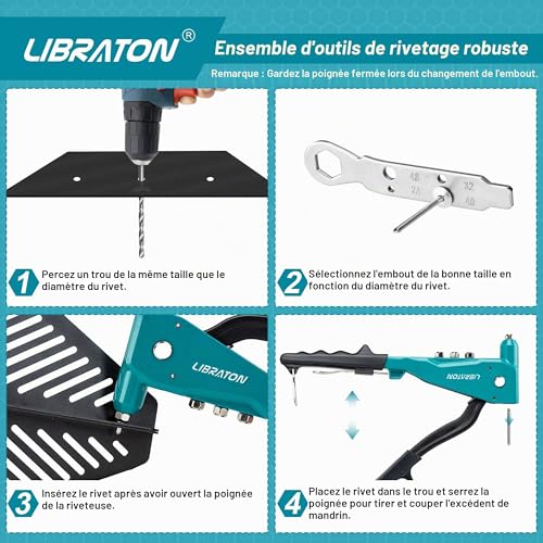 Kit pince à riveter robuste Libraton en acier pour fixations durables