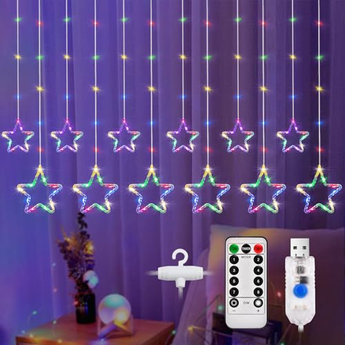DazSpirit LED Curtain Star String Lights, 12 Stars 3.5m 144 LED Christmas Star Window Light, Remote 8 Modes, Waterproof