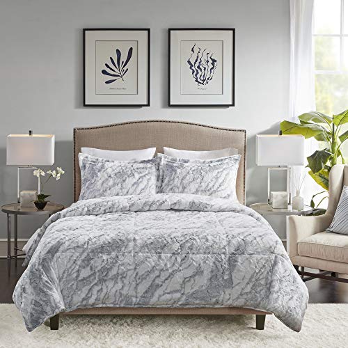 Image of Madison Park Lana Soft Plush Comforter Set, Long Faux Faux Fur Marble Pattern, Faux Mink On The Reverse, Modern All Season Down Alternative Bedding Set with Matching Sham, King, Grey /Blue 3 Piece