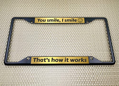 Image of Personalized with Custom Text Design - 4 Hole Black Metal Laser Engraved US Standard Size - Car License Plate Frame with Free caps - Gold /Black Text (Qty: 1 Frame)