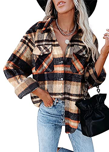 Orange Black Flannel Womens Stylish Mid Long Plaid Shirt Jacket Button Down with Pocket Medium