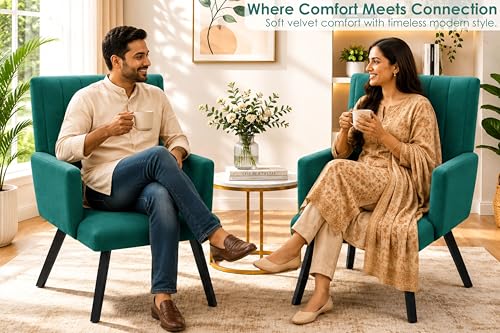 Image of Rosebell Modern Velvet Office Chairs Set of 2 with Armrests & Metal Legs | Upholstered High Back Leisure Chairs for Living Room, Bedroom, Office, Cafe & Dining Room | Green